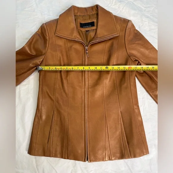 Jones New York Cognac Leather Jacket M Fitted Y2K Zip Tailored Caramel Blazer - Picture 12 of 14